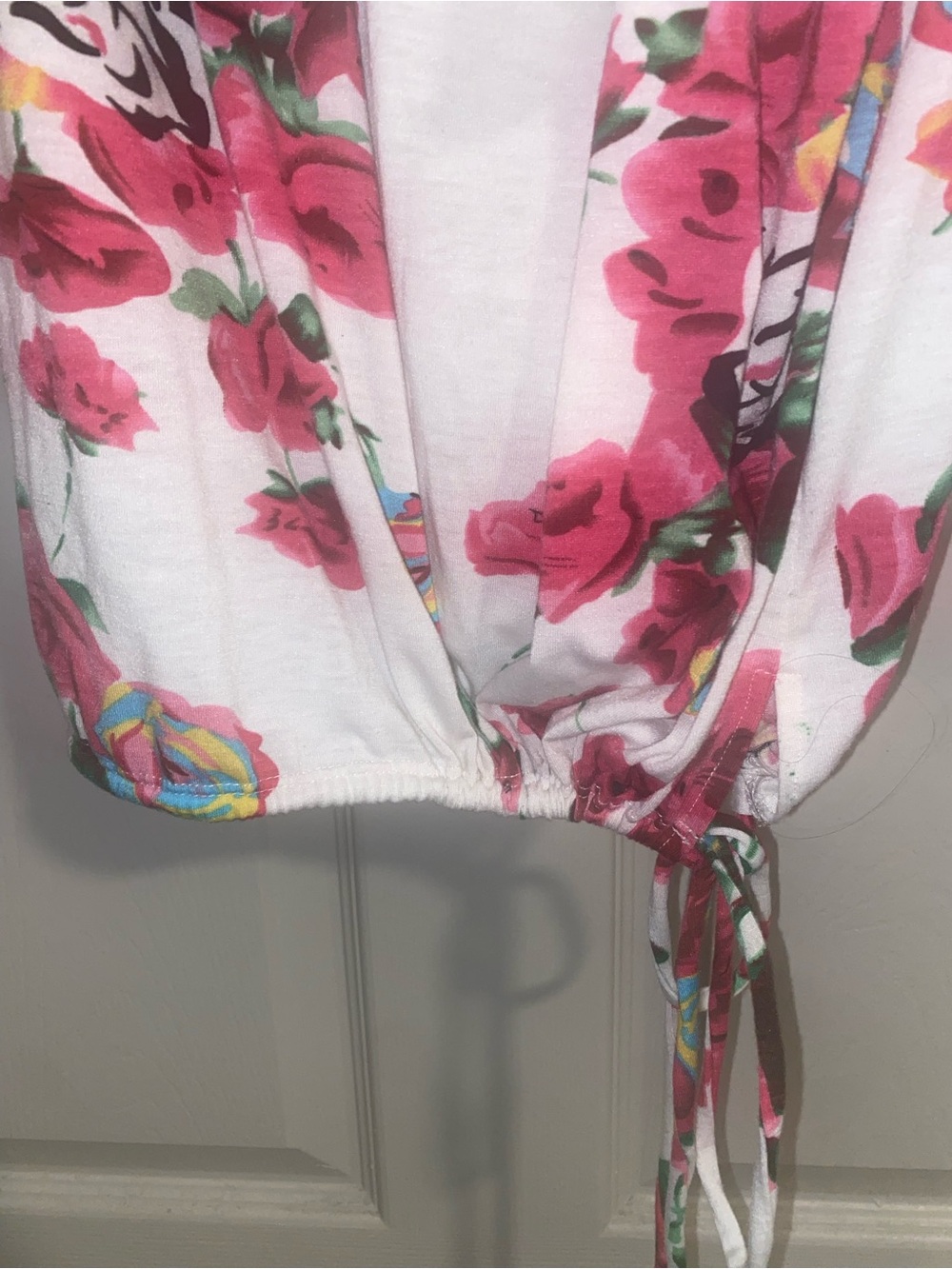 Wurl White Floral Off-Shoulder Ruffle Top with Pink Roses - Picture 3 of 4